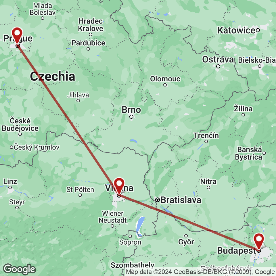 Route for Prague, Vienna, Budapest tour